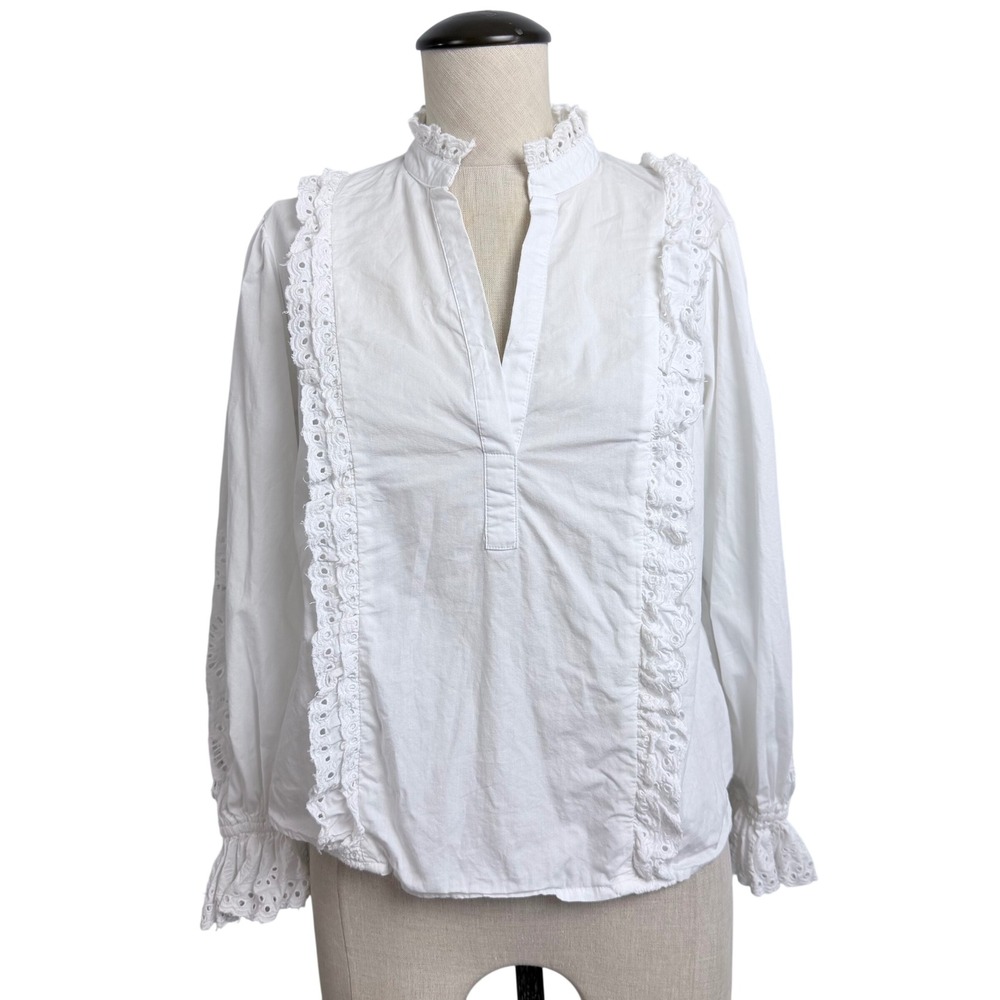 Maeve Anthropologie White Eyelet Ruffle Blouse Cotton Victorian Top XS